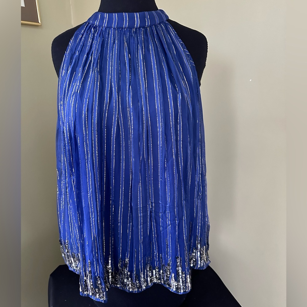 ANTHROPOLOGIE S Women's Ranna Gill Blue Sequin Swing Tank Top Flowy Size S